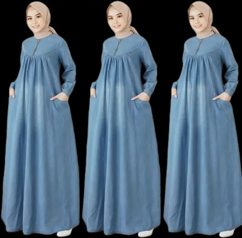 GAMIS JEANS MUSLIM WANITA KEKINIAN CANTIK DAN ELEGAN Mewah Syari | GAMIS Lebaran Dewasa |  Dress  Remaja Kondangan Pesta Simple Panjang 3