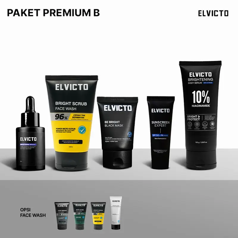 ELVICTO PAKET PREMIUM B | BRIGHTENING SERUM, FACE WASH, BLACK MASK, SUNSCREEN, BODY SERUM | Paket Lengkap Perawatan Pria 2