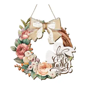 Happy Easter Hanging Door Sign Wall Sign Decoration Bunny Decor Wooden Hanging Plaque for Indoor Outdoor Porch Holiday Garden