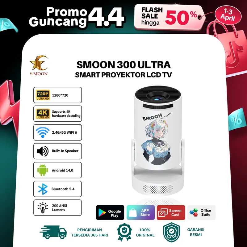 SMOON 300 New - Smart Projector LCD TV-Proyektor Pintar - 200 ANSI - Android 14 -Netflix - YouTube - 1080P - Wifi -BlueTooth