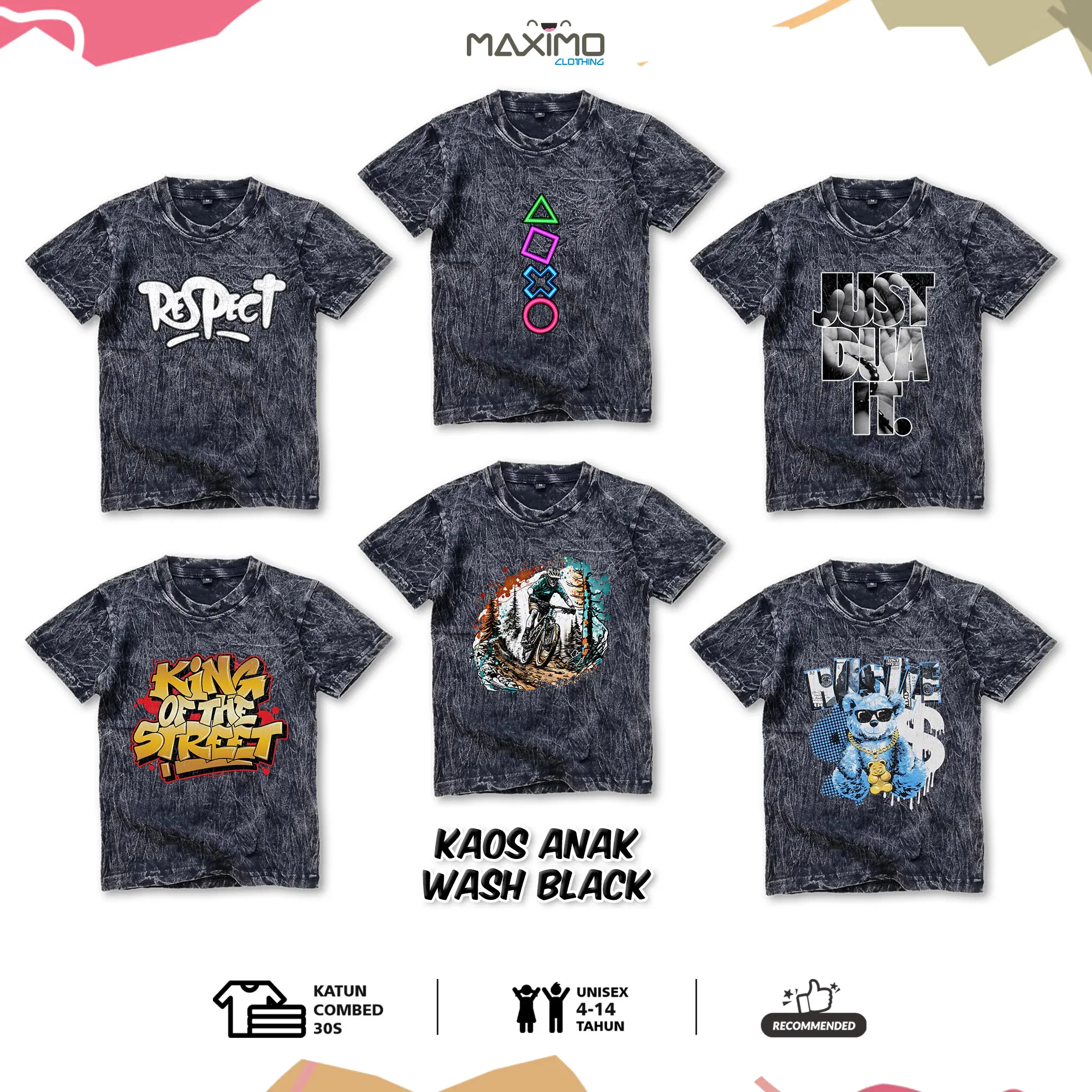 Kaos Anak Wash Aneka Motif- Usia 4-12 Tahun - Bahan Cotton Combed - Fashion Anak
