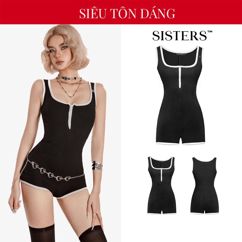Bodysuit ba lỗ nữ liền thân SISTERS thun gân ôm body màu đen viền trắng jumpsuit sát nách kéo khoá ngực Esmee | SS2-J6