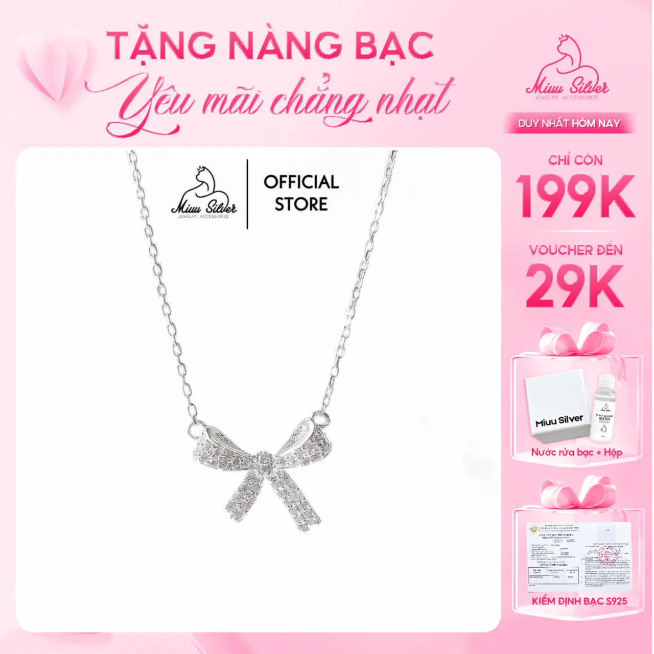 [Tặng 1 nước rửa bạc] Dây chuyền bạc Miuu Silver, vòng cổ nữ hình cái nơ xinh xắn, sang trọng