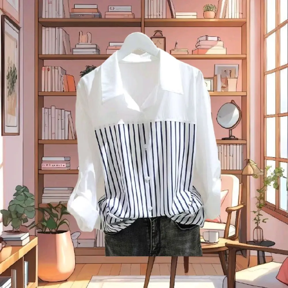 Kemeja Garis-Garis Lengan Panjang Putih Anggun by G'ibyi.id Kombinasi - Linen, Stripe, Katun, Hitam, Nyaman, Tangan, Lembut, Baju, Biru