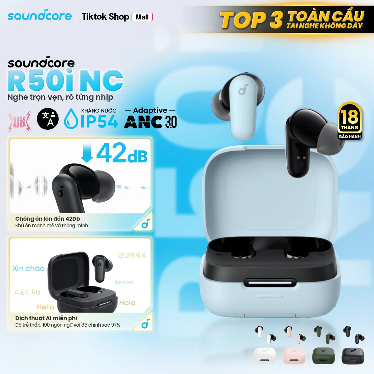Tai nghe Bluetooth Soundcore R50i NC(P30i) chống ồn ANC|40 giờ phát nhạc| IP54| Dịch thuật AI trên App |Tai nghe gaming- Tai nghe không dây - Tai nghe bluetooth tốt pin trâu- Bảo hành 18 tháng- Hàng chính hãng