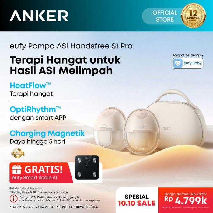 Gambar Anker eufy S1 Pro Pompa ASI Pintar Elektrik Handsfree dengan Terapi Hangat HeatFlow dan tas charger/ Handsfree Breast Pump Heating Function with charging case/Wireless Smart Breast Pump - T8D04 dari Anker Indonesia Kota Administrasi Jakarta Utara Tokopedia