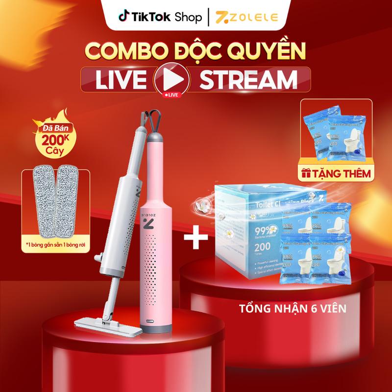 Tặng thêm 2 viên Combo Cây Lau Tự Vắt Mini Cầm Tay Zolele DM01 + Hộp 4 Viên Tẩy Bồn Cầu TC101