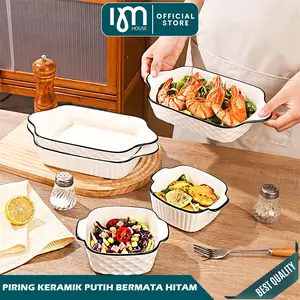 INMINDHOUSE Mangkuk Saji Makan Keramik Putih Japanese Style Seri Yamada Diamond List Black Elegan