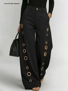 Pantalones de mujer de pierna ancha y cintura alta con diseño patchwork, cierre con botones, bolsillos calados, color sólido, pantalones largos elegantes