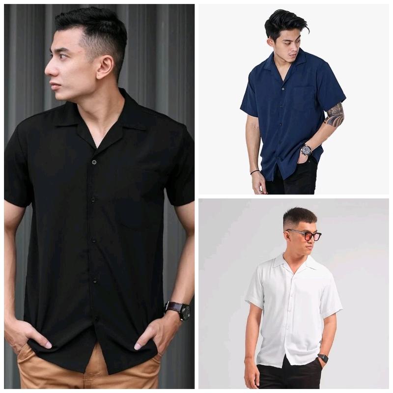 Paket Kemeja 2Pcs Harga 60Rbuan KEMEJA HAWAI POLOS V-Neck baju atasan oversize katun pria Surfing Distro Cowok Dewasa Pendek Casual Keren 4