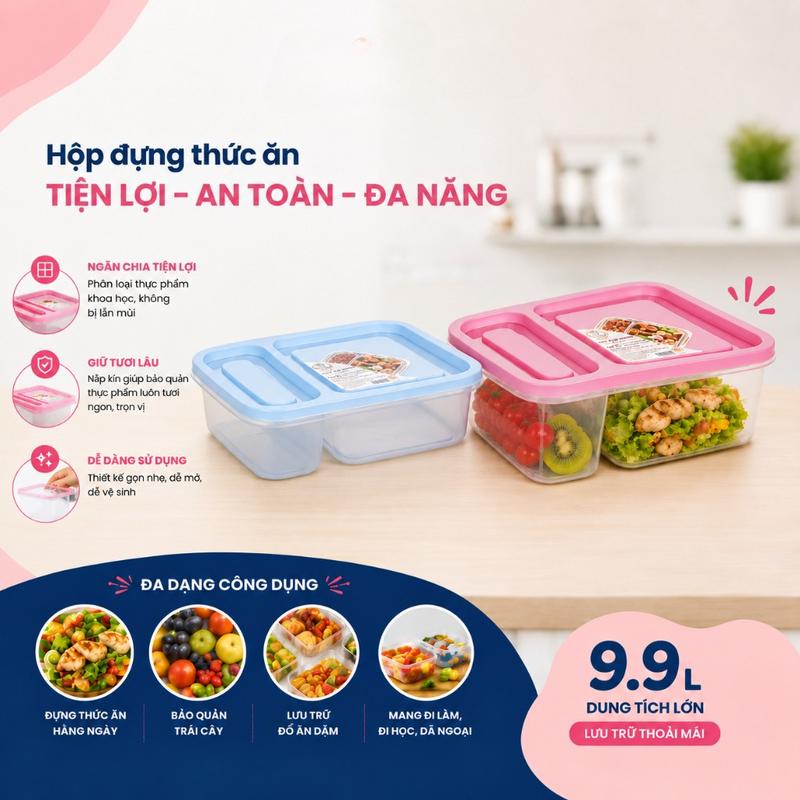 Hộp Nhựa Việt Nhật Đựng Thực Phẩm 2 Ngăn Nhỏ Gọn Tiện Lợi Mang Đi Cho Học Sinh, Sinh Viên, Văn Phòng