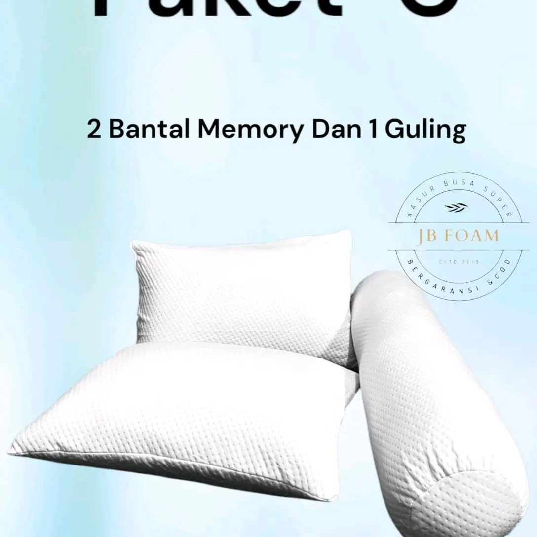 Bantal Memory Foam Empuk, Awet, Bergaransi 2 Tahun, Paket 2 Bantal dan 1 Guling Bed