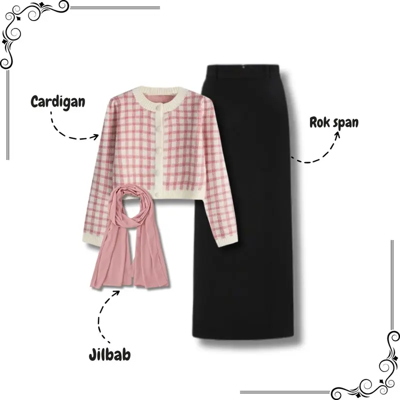 Atasan Ootd Korean Style | 3in1 One set | Outfit Remaja Kekinian Korea | Setelan Wanita Cardigan Rok Span Jilbab-Nn040 1