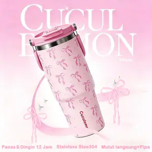 CucuLemon Tumbler Stainless Vacuum 890ML Botol Minum Besar Termos Anti Kebocoran Desain Kupu-Kupu Cantik & Merah Muda Pita