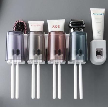 Kệ dán tường đựng bàn chải - kem đánh răng 4 ngăn ( kèm 4 ly ) Nhà Tắm ecoco