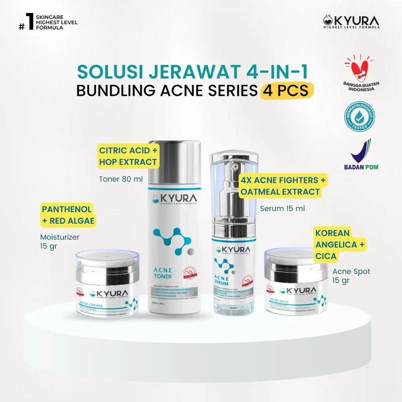 KYURA Acne Bundling 4 Pcs Isi Toner Serum Cream Spot untuk Wajah Acne Prone dan Sensitif dengan Cica Niacinamide Korean Angelica Licorice BPOM 4
