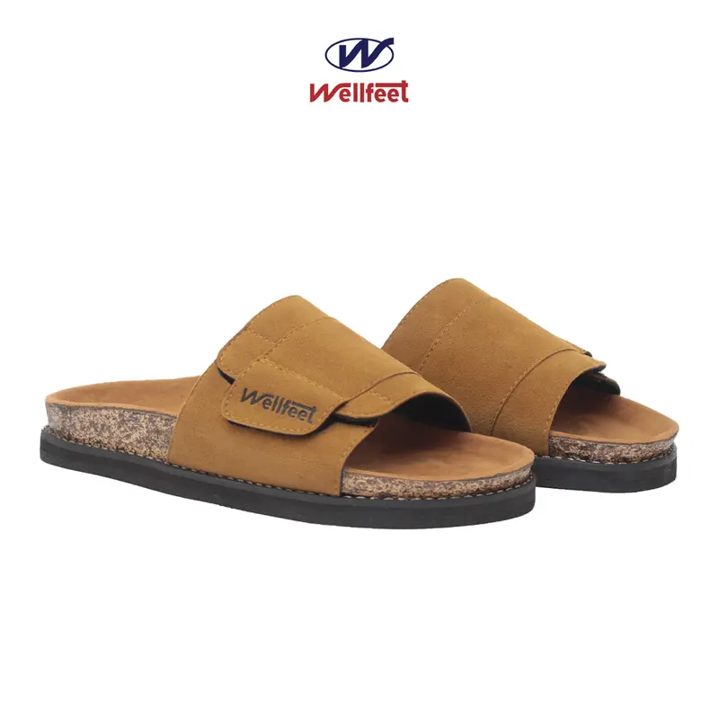 Wellfeet Ltd - Sandal Casual Santai Slide Pria Slip On Black/Tan -Cozy Suede Jepit Sendal Karet 5