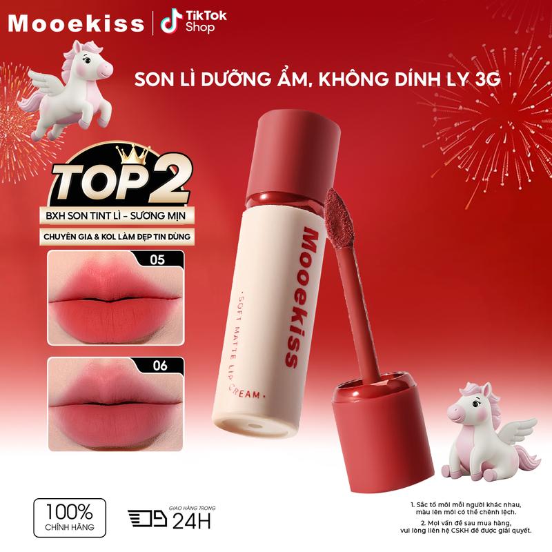 Son Kem Mooekiss Chất Sương Mờ Lì Mỏng Nhẹ Như Không Bền Lì Không Dính Ly Công Nghệ Giữ Ẩm Khoá Màu 12h Son Kem Nhung Mịn Lì 3g