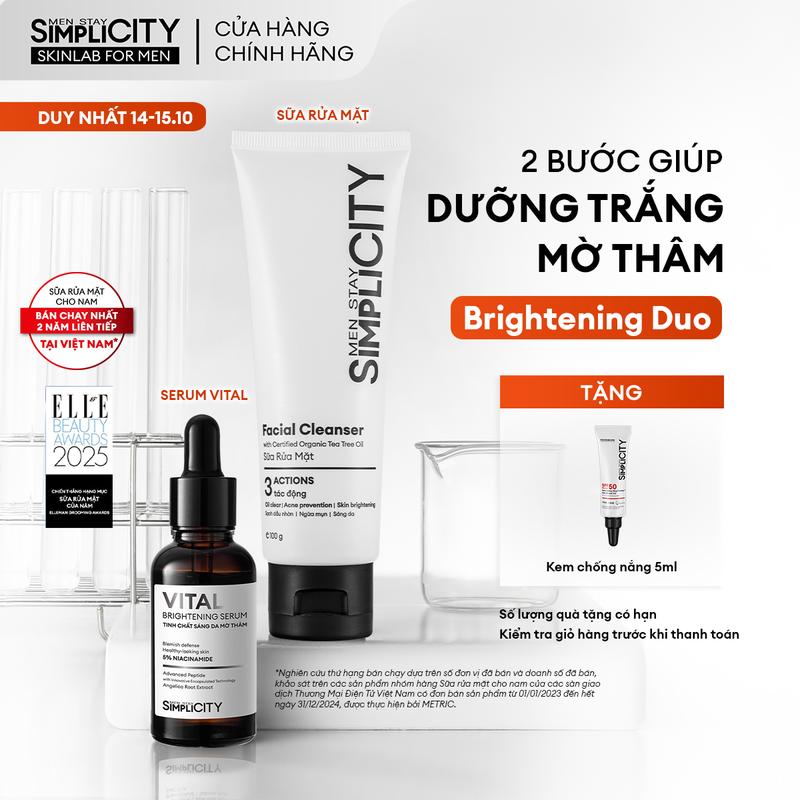 [MỚI] Combo giúp dưỡng trắng mờ thâm tiết kiệm dành cho nam Men Stay Simplicity Brightening Duo gồm: Sữa rửa mặt 100g & Serum Vital 30ml