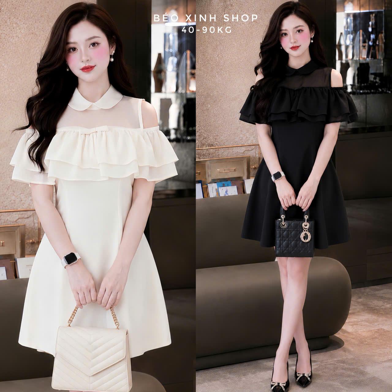 Đầm Babydoll Trễ Vai Phối Lưới Cổ Sơ Mi, Váy Dự Tiệc Tay Bèo Sang Chảnh Có Bigsize 40-90kg Thời Trang Nữ Béo Xinh Shop - A.1596