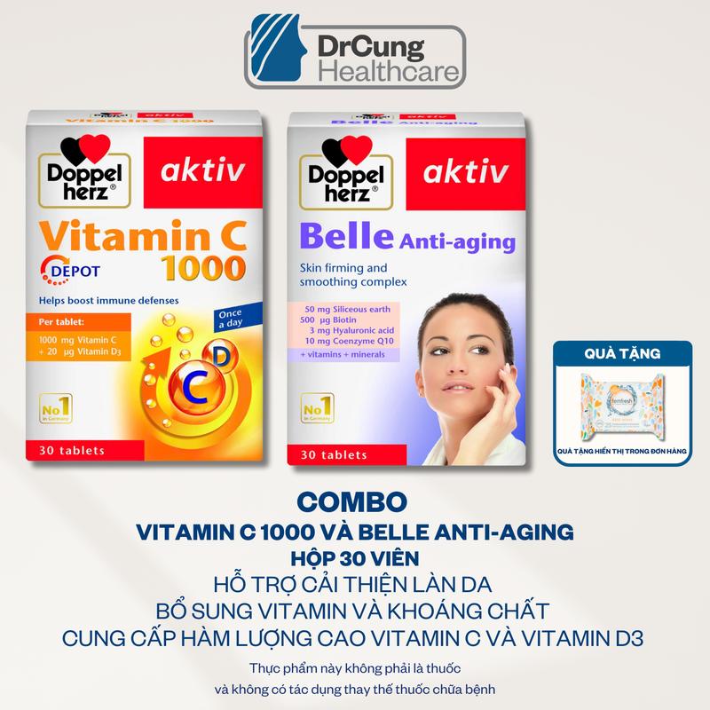 TPBVSK Combo Doppel herz Vitamin C 1000 hộp 30 viên và Belle Anti-aging hộp 30 viên hỗ trợ chăm sóc sắc đẹp dành cho người lớn TẶNG 1 GÓI KHĂN ƯỚT FEMFRESH