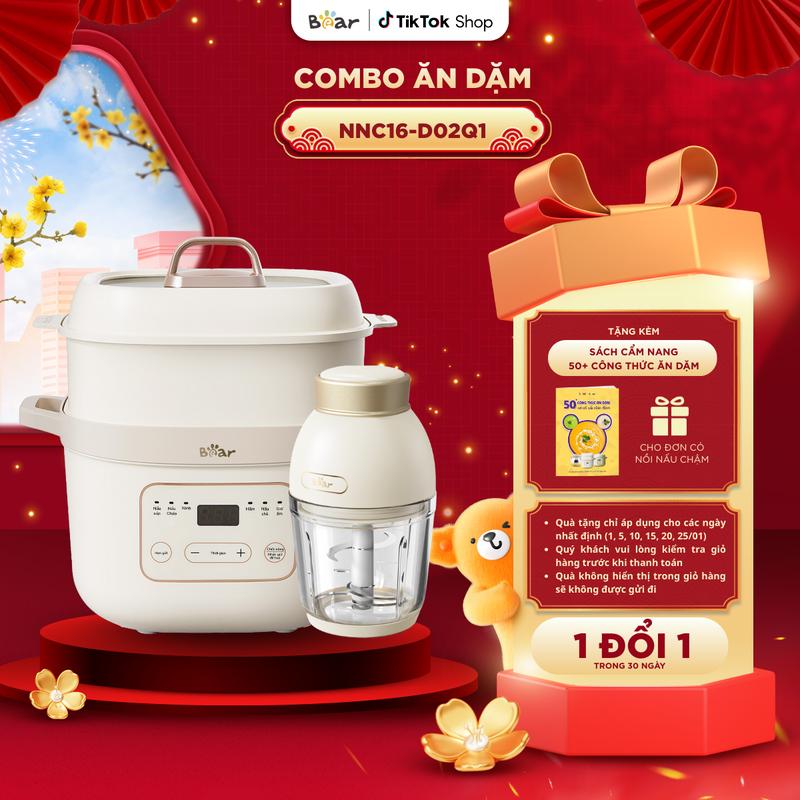   Tặng cẩm nang ăn dặm  Combo Ăn Dặm Nồi Nấu Cháo Chậm BEAR Nồi Nấu Chậm Nồi Nấu Cháo Cho Bé 1,6L NNC16 và Máy Xay Ăn Dặm Cho Bé Máy Xay Tỏi Ớt 0,6L D02Q1 6 Lưỡi Dao Cối Thủy Tinh 