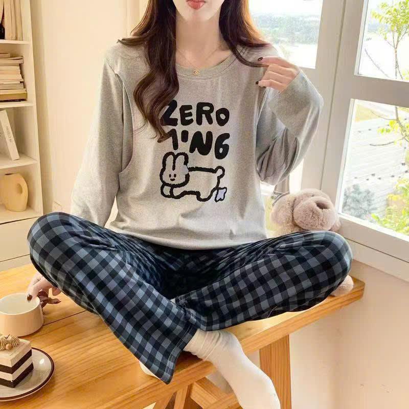Bộ Bầu Mặc Nhà Cotton Xám quần caro Đồ Bầu Sau Sinh Mở 2 Bên Cho Con Bú Và Quần Chun Chỉnh Bụng, Dài Tay 2mama