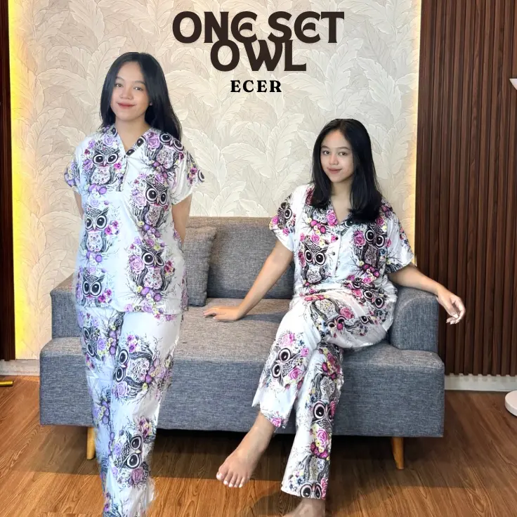 LONG ONE SET OWL ECER TERBARU BUSUI FRIENDLY RAYON WANITA PREMIUM JUMBO  Motif Nyaman Setelan Kancing Baju Pendek Celana Panjang Lembut 0