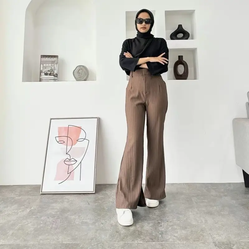 CELANA CUTBRAY KNIT Premium Highwaist Panjang Nyaman Wanita - Motif Knit Elegan flare pants 6
