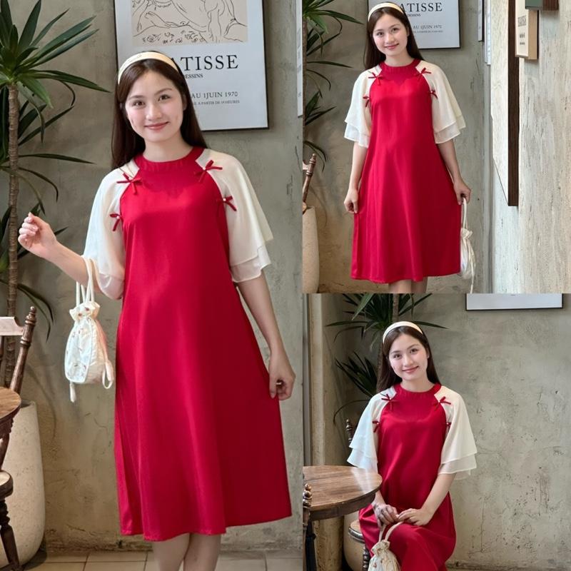  PHIYẾN Đầm bầu dự tiệc kiểu đầm áo dài cách Tân đính nơ dễ thương Bầu mặc đi làm đi chơi đều xinh . 