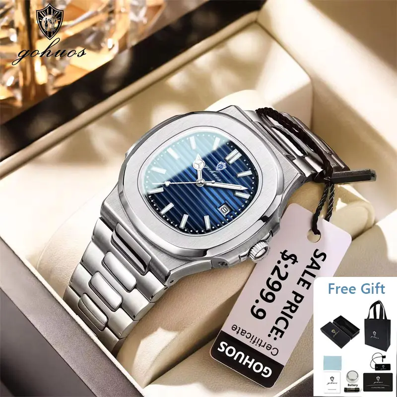Đồng Hồ Doanh Nhân Sang Trọng, GOHUOS, Không Thấm Nước, Đồng Hồ Nam, Dạ Quang, Có Ngày Tháng, Thép Không Gỉ, Đồng Hồ Thạch Anh Vuông, Đồng Hồ Thời Trang, Dành Cho Nam