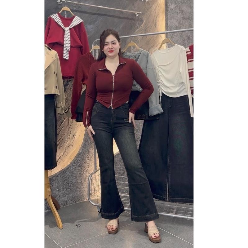  2163 BIGGSIZE Quần jeans loe nữ cạp cao co dãn quần ống vẩy jeans thêu chữ tạo kiểu 