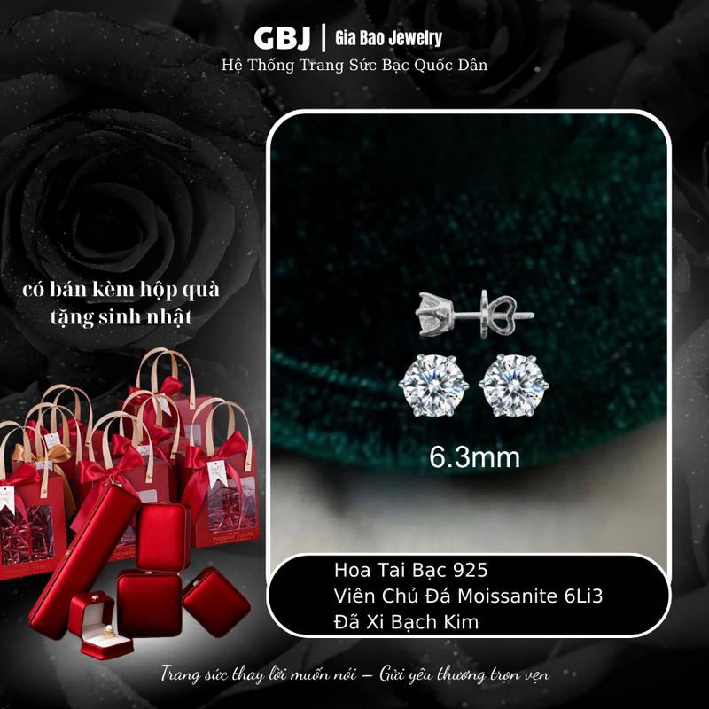 1 ĐÔI Hoa Tai Bạc 6 Chấu chốt vặn XI KIM 6Li3 Viên Chủ Moissanite Sang Trọng Phong Cách Unisex GBJ1092