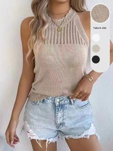 Suéter de punto sin mangas para mujer, diseño casual liso, moda de verano y primavera, cuello redondo calado, top delgado elegante