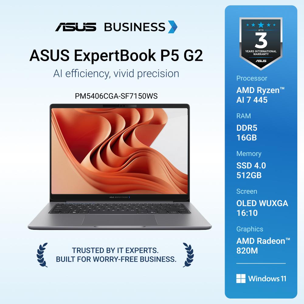 ASUS ExpertBook P5 Gen 2 [PM5406CGA-SF7150WS] AMD AI R7-445/DDR5 16G/512G 2280 PCIE G4/14.0/OLED/WUXGA (1920x1200)/Win 11 Home/OHS+M365/4CELL 70WH/Wi-Fi 6/1Y CARRY-IN(ADP)+2Y CARRY-IN/Fingerprint/Backlit KB/BACKPACK/CMOS 5M/IR/Mcafee 1Y/ASUS MyExpert