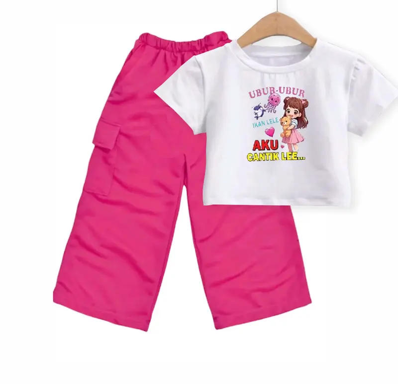 Ubur-ubur Ikan Lele Setelan Anak Perempuan Usia 5-10 Tahun Kaos Crop Top Dan Celana Kargo Viral Fashion Baju 0