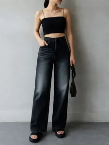 Celana Baggy Unisex Jeans Cowok Cewek Gombrong Skena Loose Black Wisker Retro Denim Size 27-37