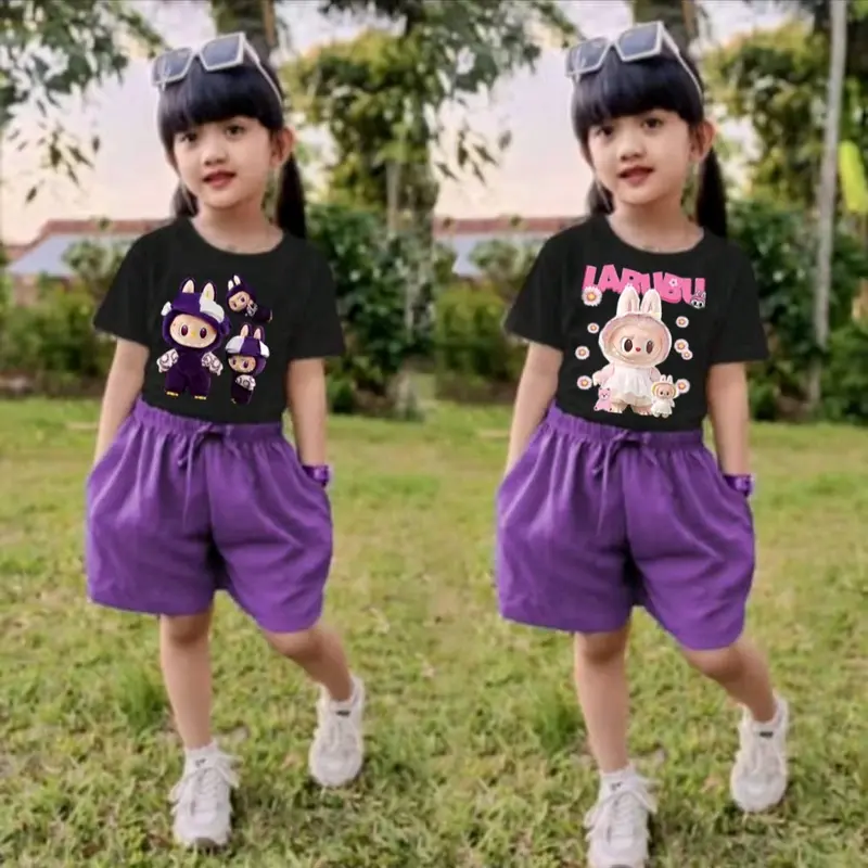 Setelan Labubu Celana Pendek Fashion Anak Perempuan Usia 2-11 Tahun 3