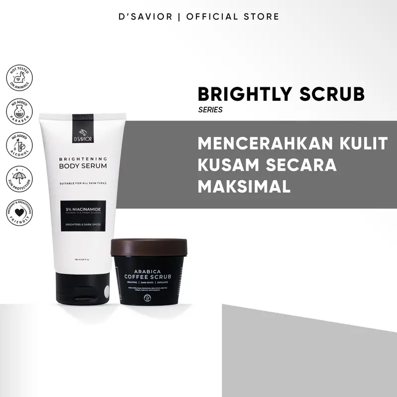 D'SAVIOR Brightly Scrub Series | Paket Mencerahkan Untuk Kulit Kusam | Body Serum 150Ml dan Body Scrub 1