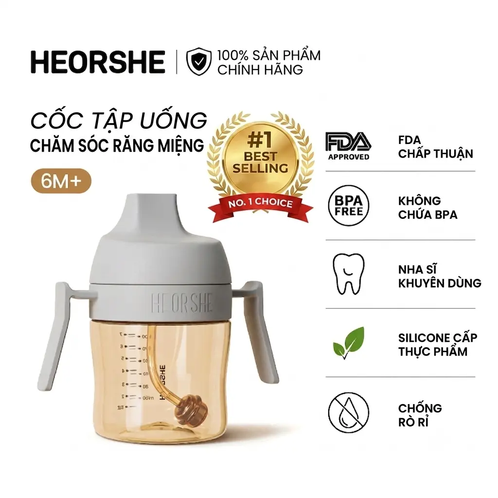 Cốc Tập Uống Nước Chống Tràn HEORSHE | Bình Nước Ống Hút Silicon Chất Liệu PPSU Cao Cấp Cho Bé | Tay Cầm Công Thái Học Không Chứa BPA (210ml / 300ml)