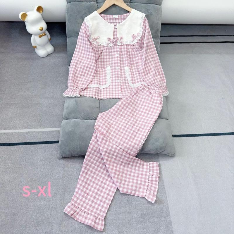 Hoangmykisd MS: 153: 22-48 kg Bộ quần áo tay dài bé gái Chất Liệu Caro Nhung Thêu Mềm Mịn Mát Không Nhăn Cho Nữ Women Quần Ngủ Áo Ngủ Top Vải Đũi Xốp Thái Size S M L XL Pijama Dongubes