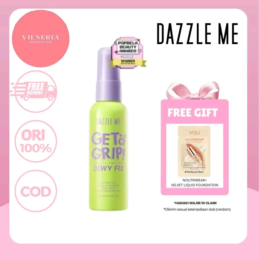 Dazzle Me Get A Grip Make Up SETTING SPRAY DEWY FIX 60 ml (Hijau)- Tahan Lama selama 24 Jam.