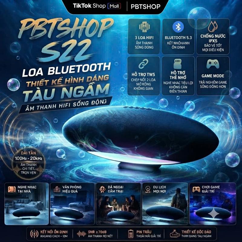 PBTShop S22 Supper bass Thiết Kế Hình Sáng Tàu Ngầm Kilo Việt Nam Loa Bluetooth HIFI 3Loa Bluetooth 5.3 Âm Thanh Vòm 360 Chống nước IPX5 TWS TF AUX USB
