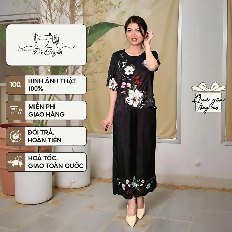 MÃ H - Quần áo đồ bộ trung niên nữ tay áo lửng phối hoạ tiết hoa lá sang trọng vải lụa thoáng mát