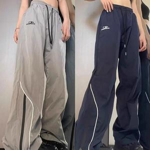 Retro sports pants women's summer American loose casual drawstring design feeling street wide leg floor trousers Womenswear Bottom Navy Blue Lingerie Comfort Pocket Activewear Athletic Sportswear