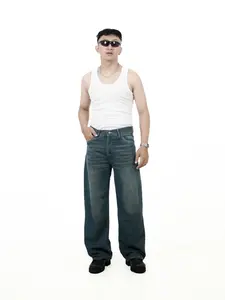 JINSYOU Celana Jeans Wide Leg Wisker Lebar Gombrang Hijau Think Bahan Denim Nyaman Oversize Panjang Santai Dark Casual Melar Pria Stretch Light Hitam Skinny Low Ripped