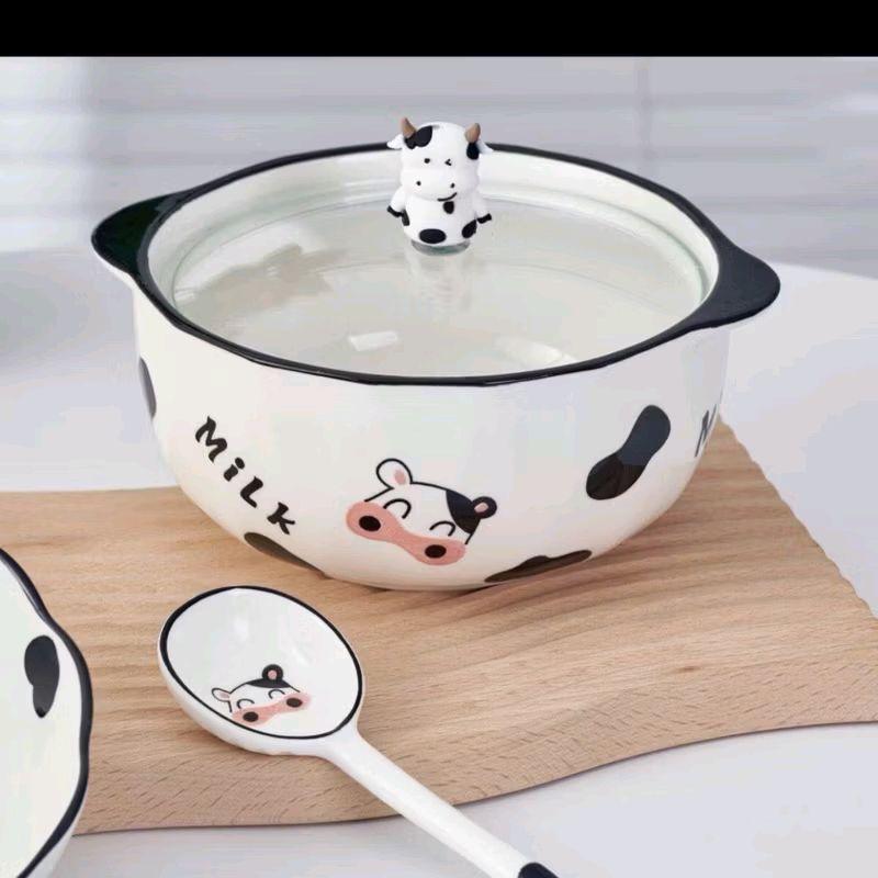 Nồi Sứ Đựng Canh, Mỳ Tôm Cao Cấp Kèm Thìa Hình Bò Sữa Siêu Xinh Cute Pha Mì Tôm Salad Canh Súp Decor Đồ Ăn Sang Trọng