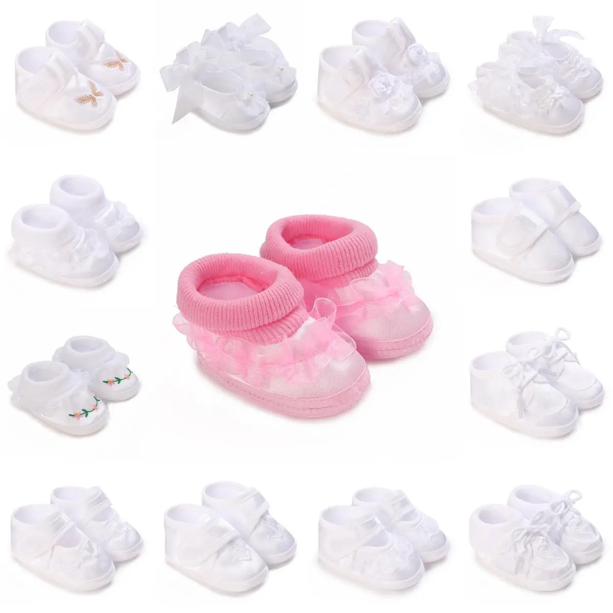 Newborn Baby's New Anti Slip Walking Shoes Baby's Solid White Bow Aptismal Shoes Baby Auditorium Baptismal Shoes