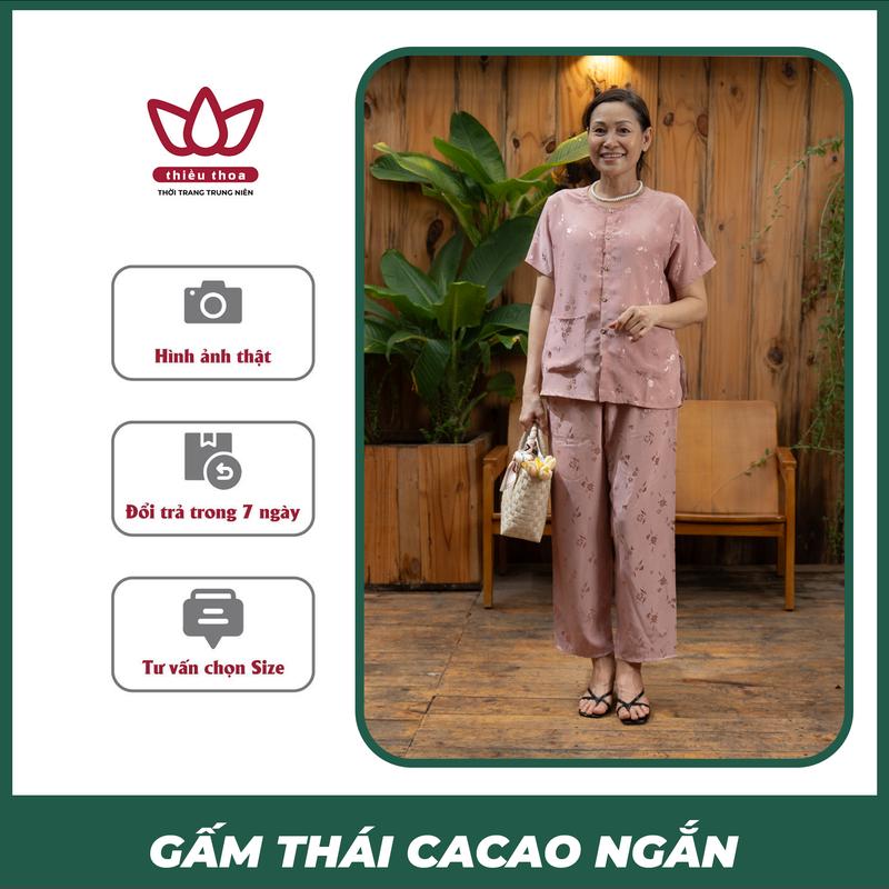 Đồ Bộ Người Già Trung Niên Nữ Chất Liệu Gấm Thái Tay Ngắn Ca Cao, Sang Trọng, Quý Phái, Quần Dài, Ngắn tay, Món Quà Ý Nghĩa Cho Bà Và Women Top Áo Vàng