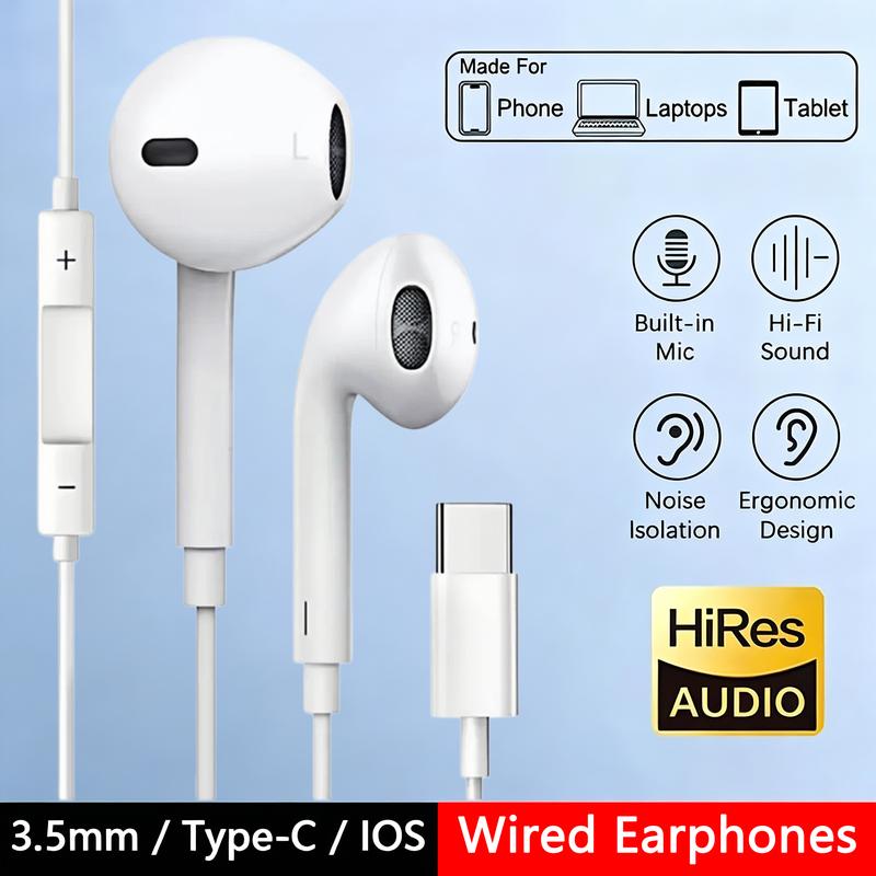 Tai nghe nhét tai stereo có dây Hi‑Fi với cổng Type‑C/Lightning và giắc 3,5 mm, tích hợp micro, dành cho thiết bị Apple, phù hợp để chơi game và thể thao, tương thích với điện thoại di động, chất liệu nhựa